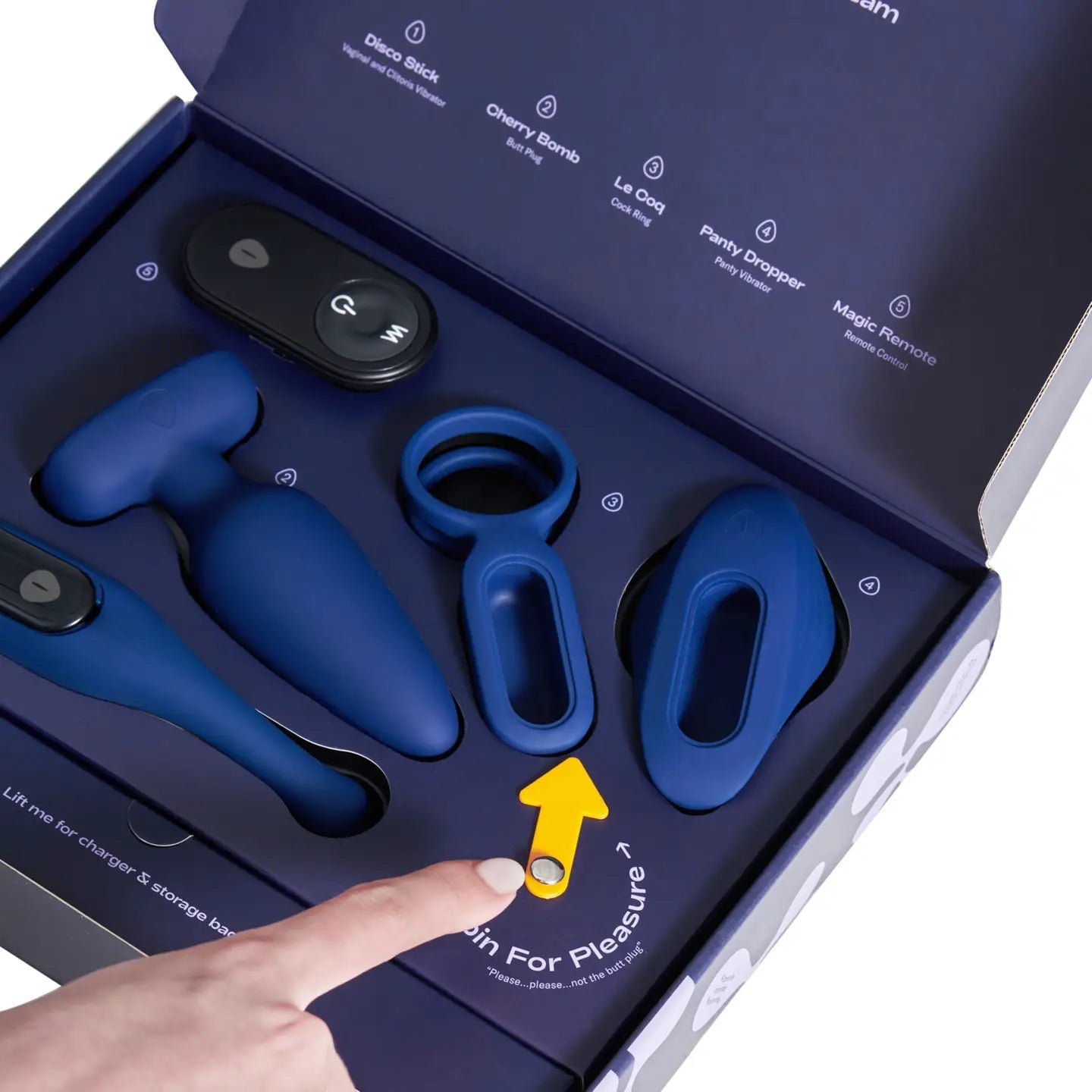 Cadeaudoos met vier vibrerende seksspeeltjes met afstandsbediening o.a. cockring en buttplug voor koppels The Dream Team van Oh Collective