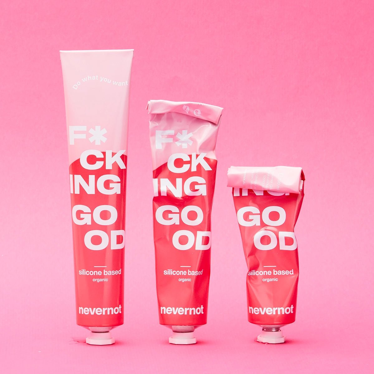Natuurlijk Glijmiddel op siliconenbasis van Nevernot via LieLei.nl in roze tubes, vetvrij, geurloos, veilig, vegan
